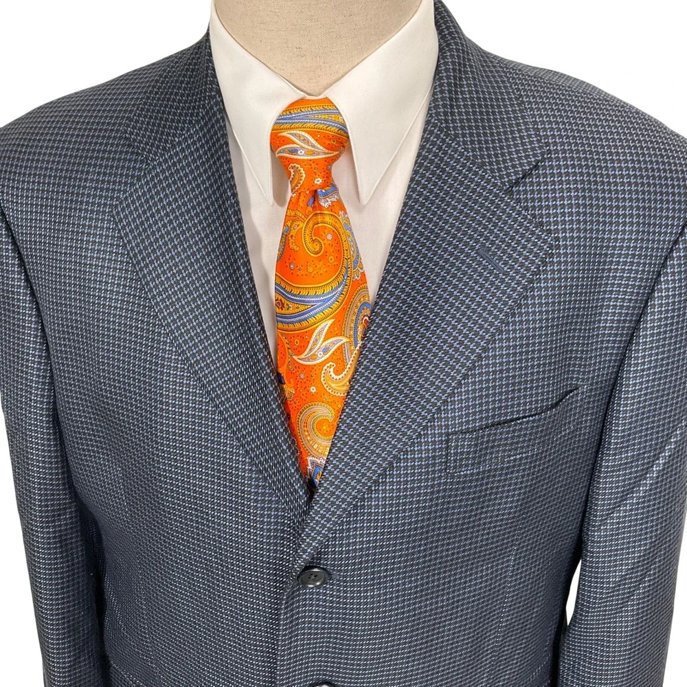 Paolo Vista Blazer Mens 42R Blue Micro Houndstooth Lightweight Italian Luxury